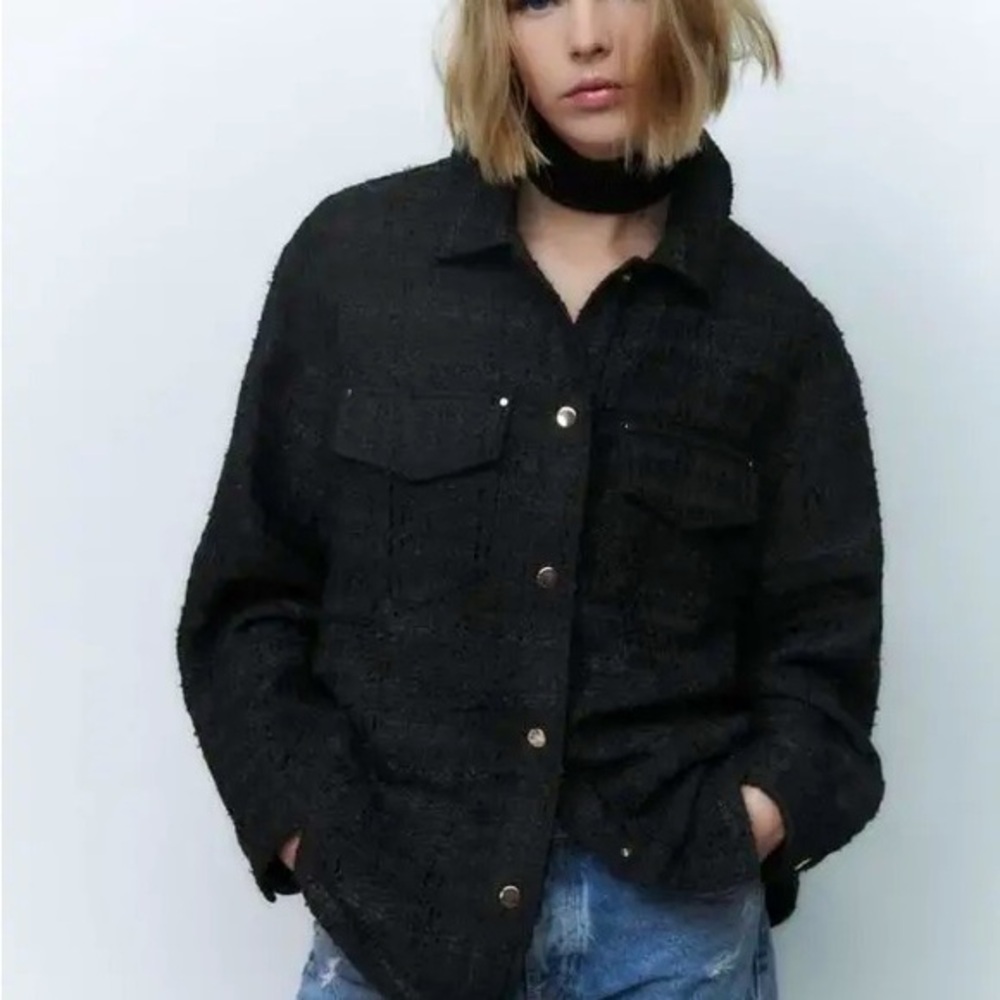 Zara textured weave overshirt tweed chore jacket in black size L